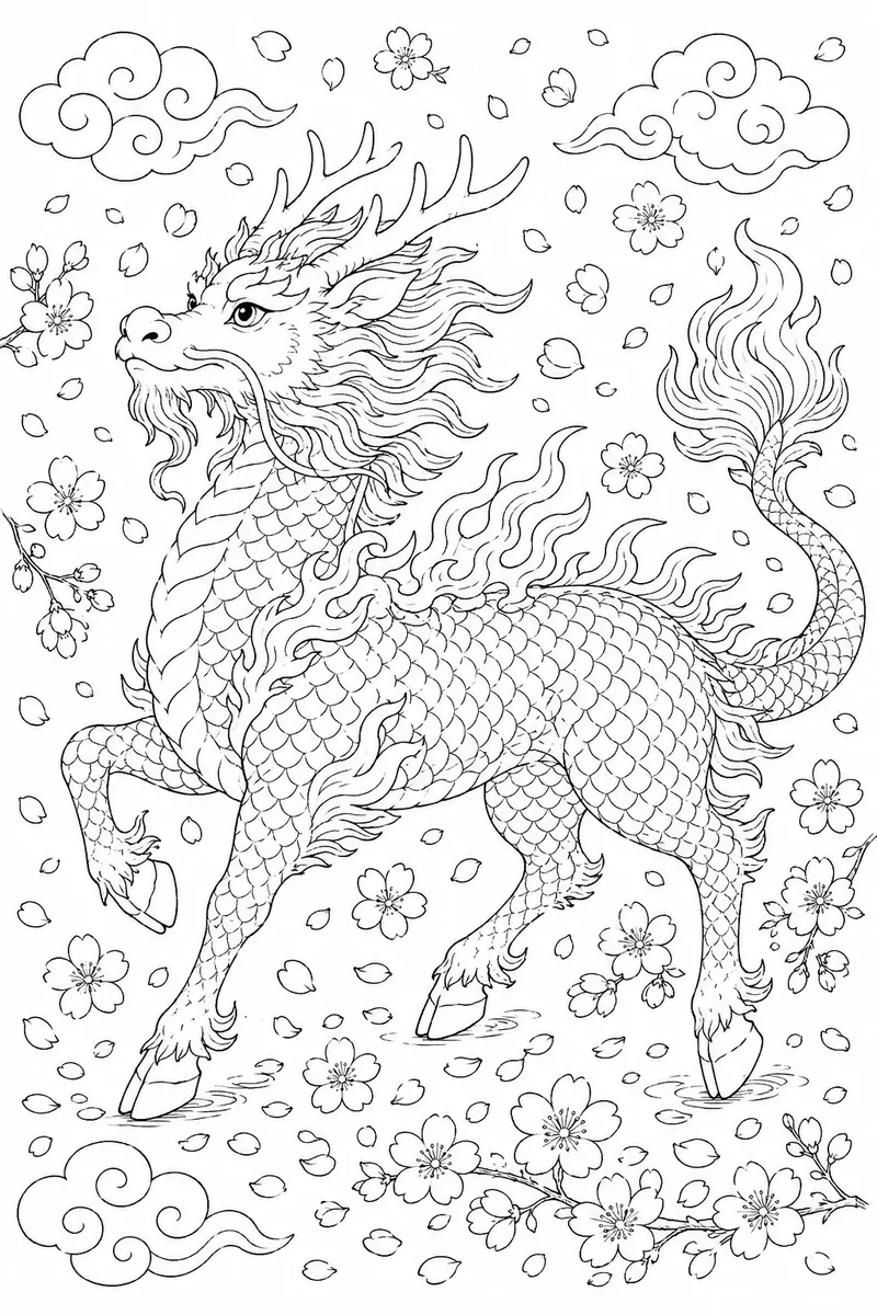 麒麟在花雨中的涂色画
