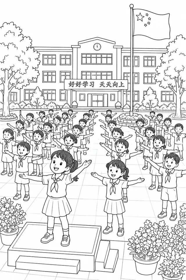 Chinesische Schulkinder stellen sich für den Morgenappell auf dem Schulhof auf