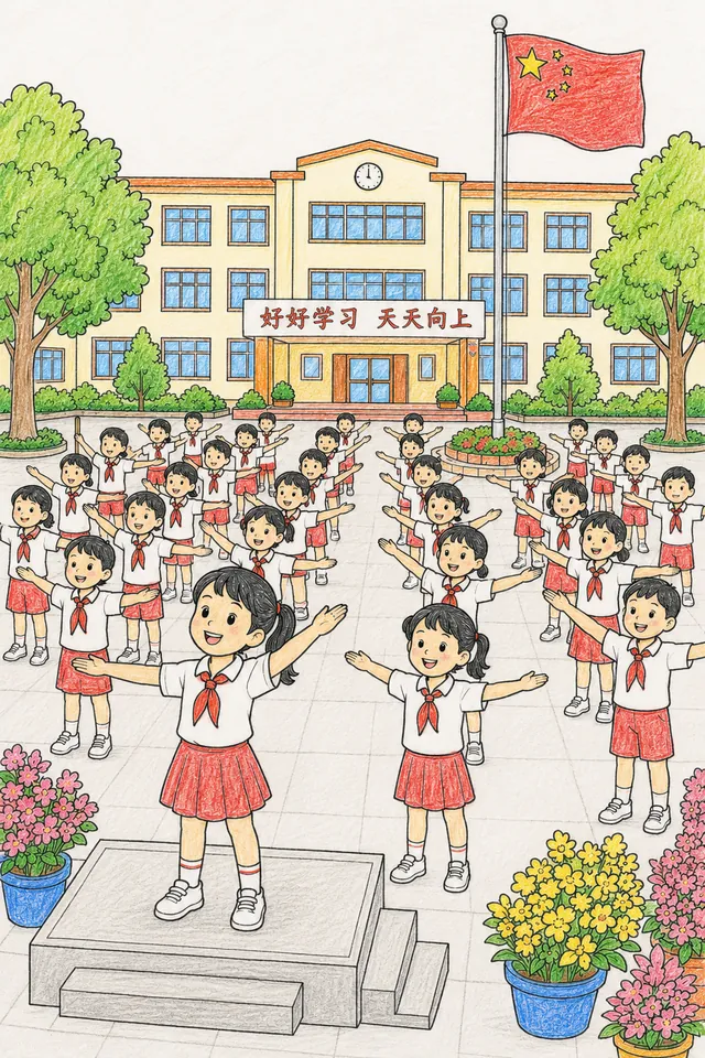 Chinesische Schulkinder in rot-weißen Uniformen stehen in Reihen beim Morgenappell