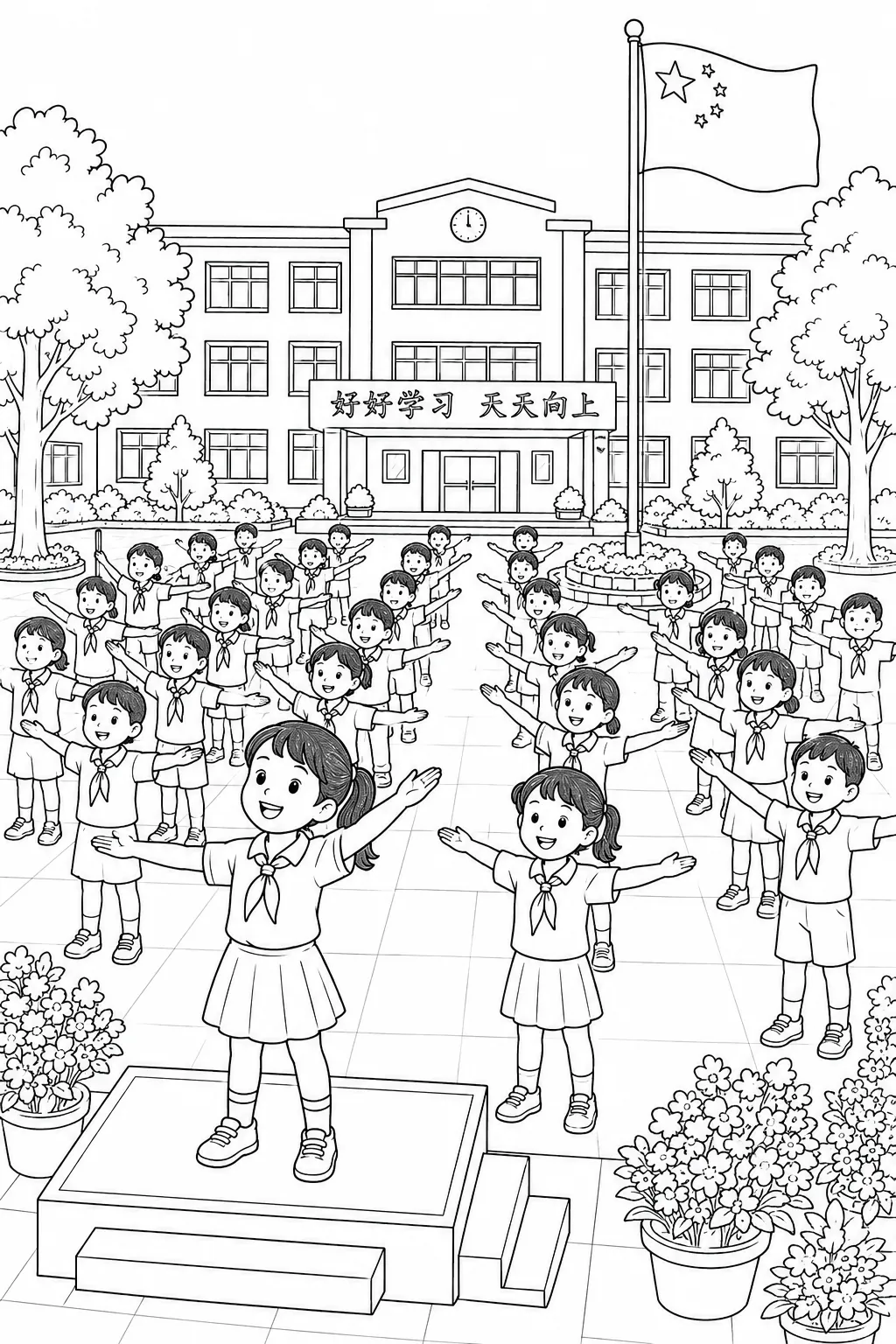 穿红白校服的中国小学生在晨操时整齐排成排