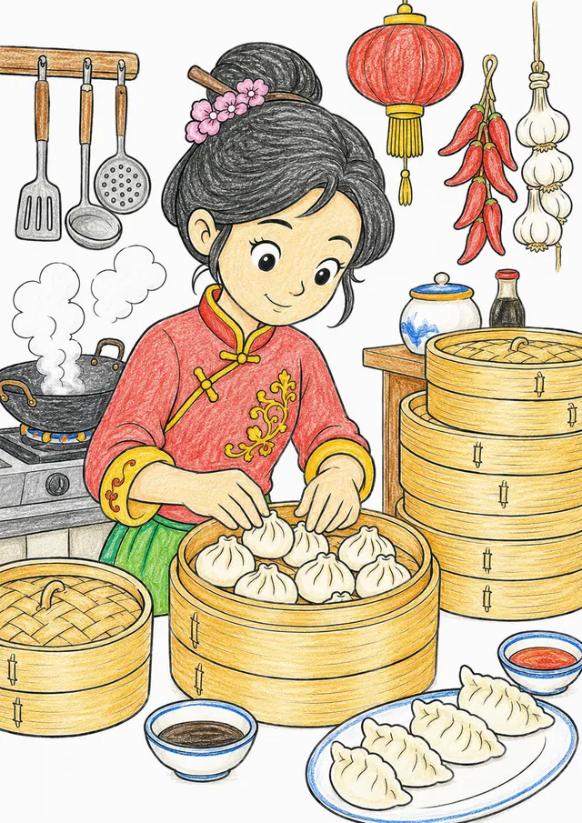 Ausmalseite: Chinesische Köchin in Uniform legt Dim-Sum-Dumplings in gestapelte Bambusdämpfer