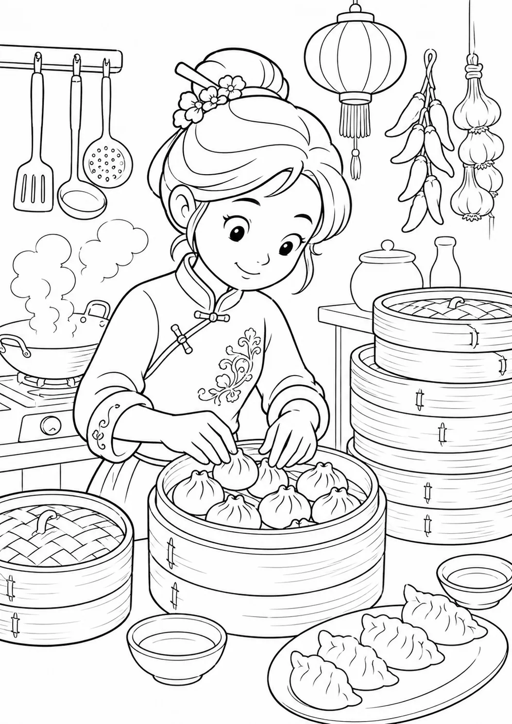 填色页：穿制服的中国女厨师将点心饺子放入叠放的竹蒸笼中