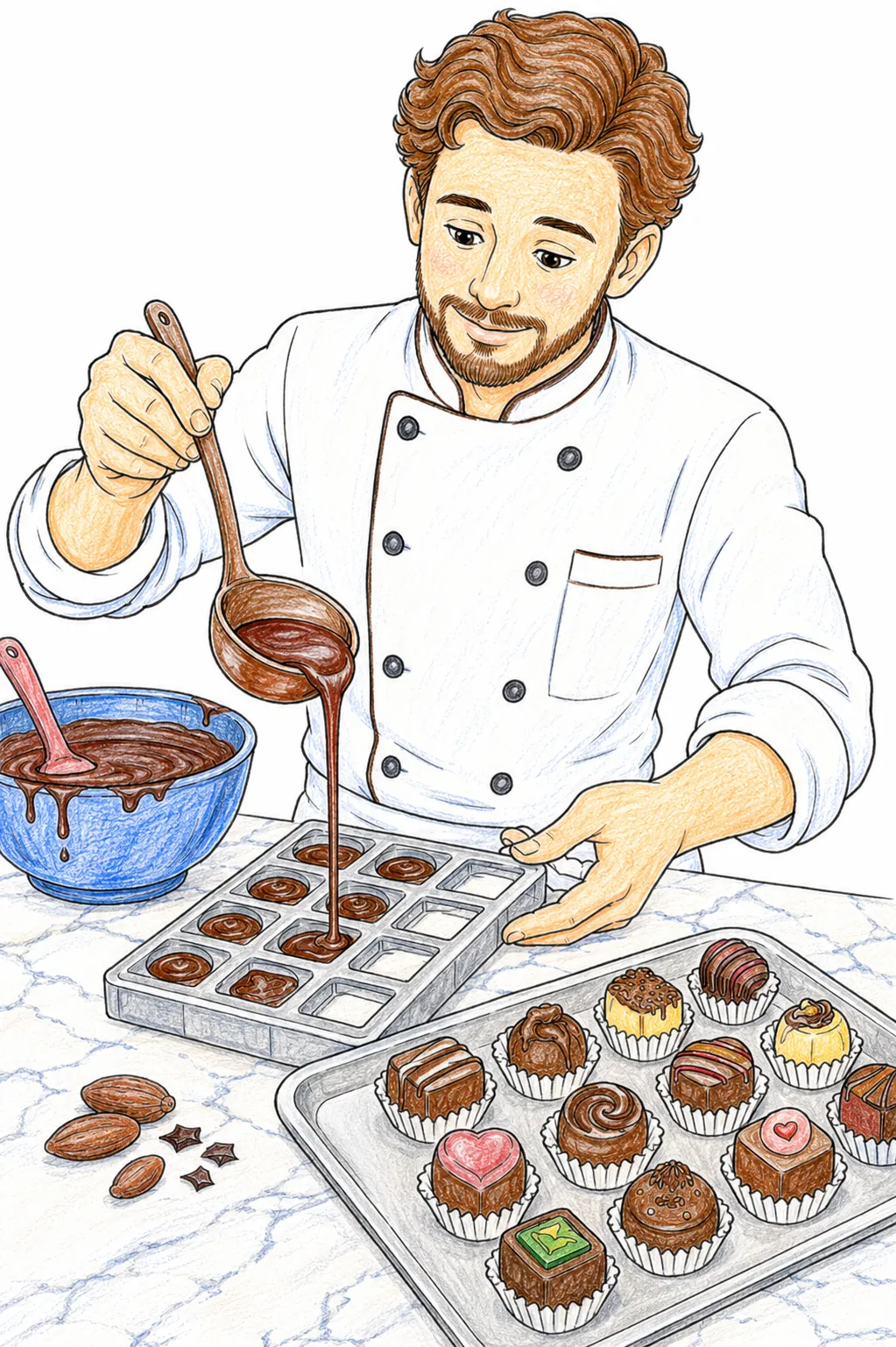 Chocolatier gießt Schokolade in Pralinenformen