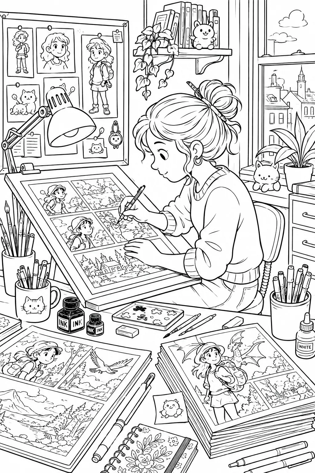 Ausmalbild: Comiczeichnerin tuschiert Comicpanel an großem Zeichentisch mit Skizzen und Tintenflaschen