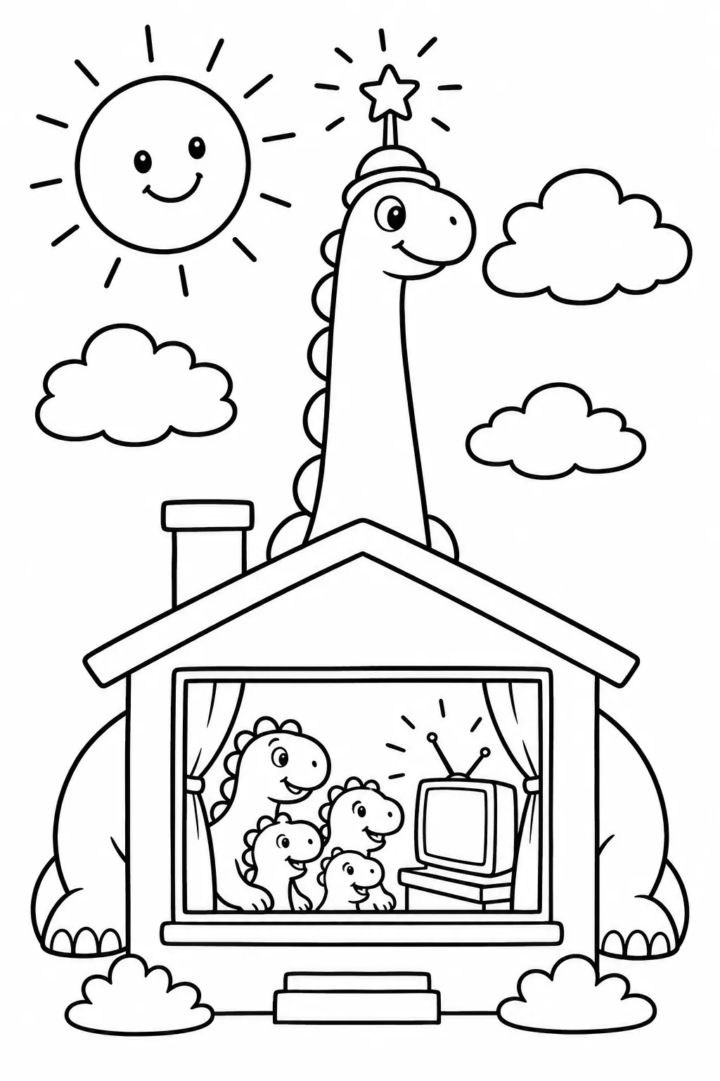 Runder Brachiosaurus streckt seinen langen Hals vom Dach als Fernsehantenne