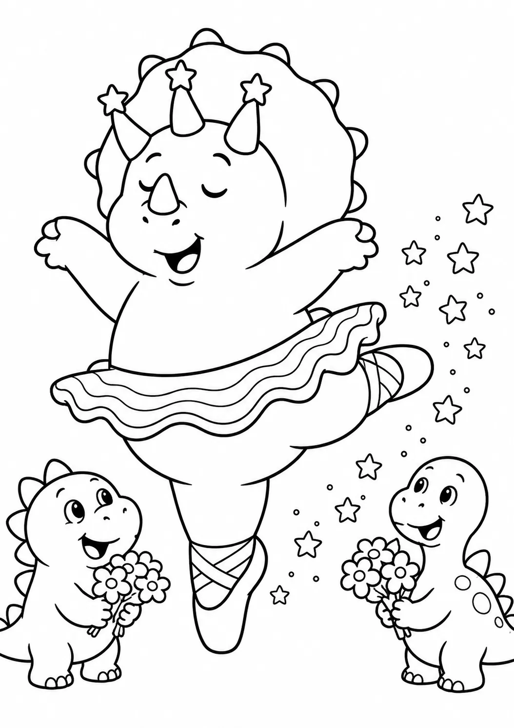 Runder Triceratops tanzt Ballett in einem bunten Regenbogen-Tutu