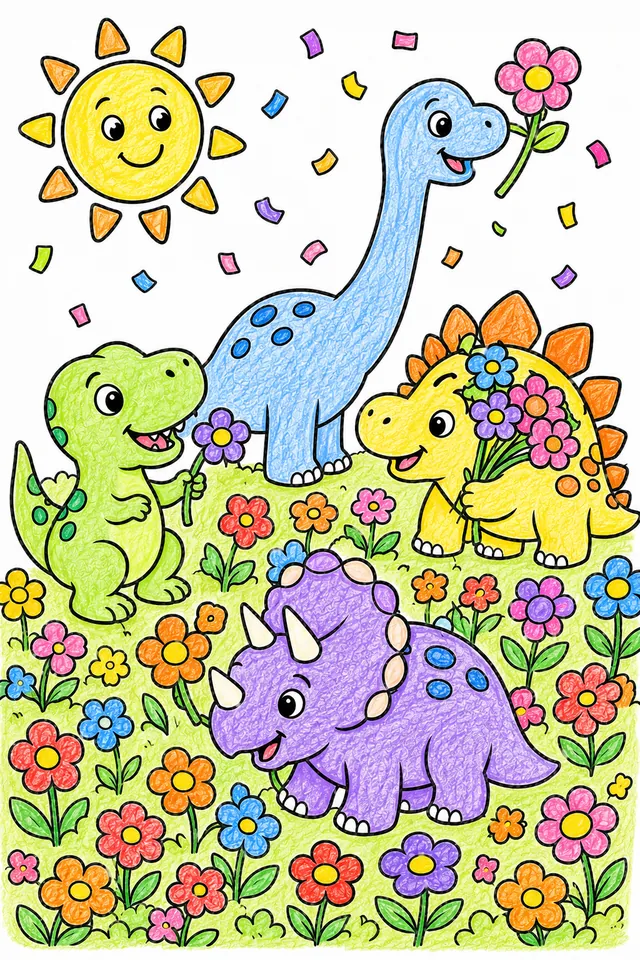 Baby-Dinosaurier beim Blumenpflücken-Wettbewerb in einem bunten Blumenmeer