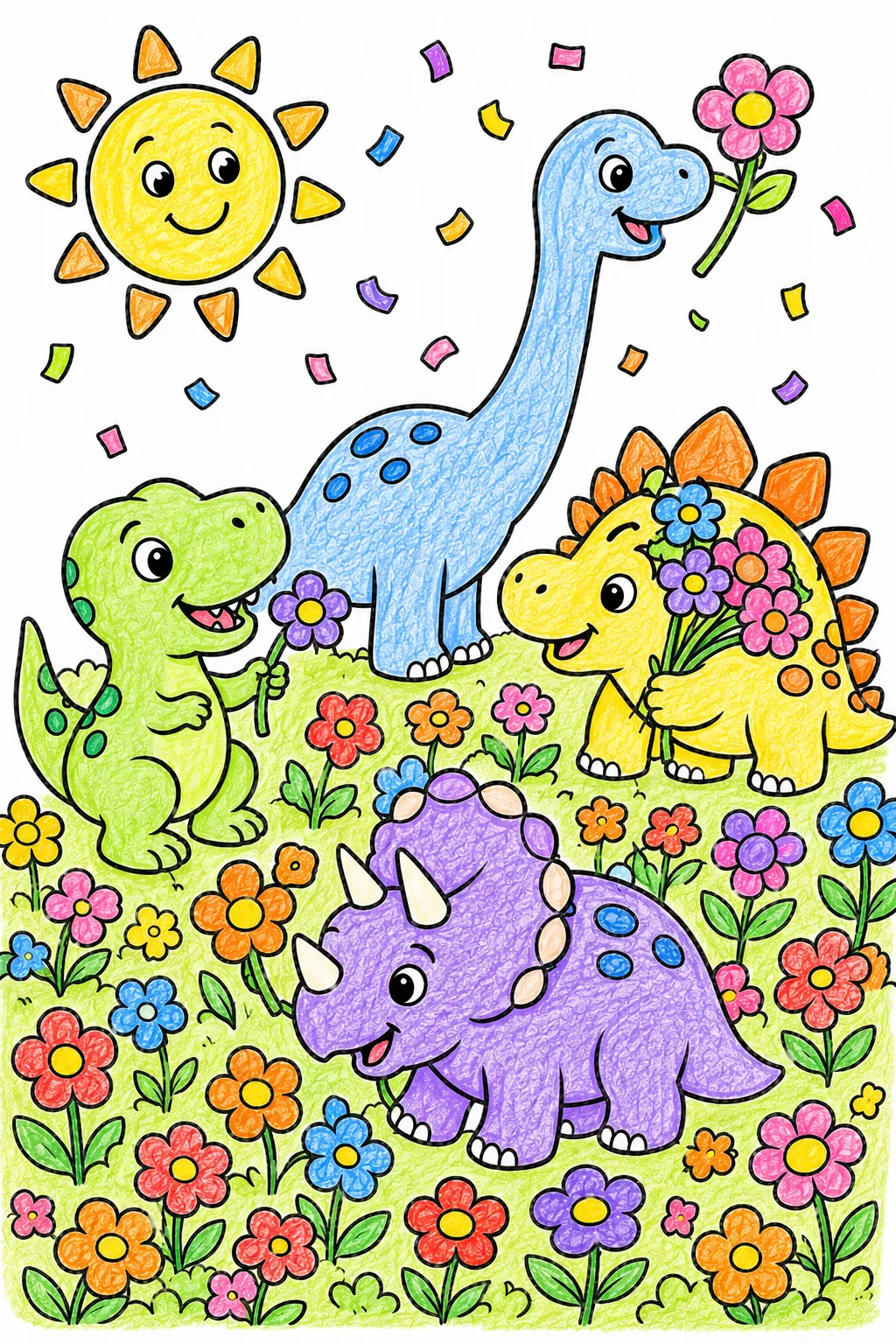 Die Baby-Dinos beim Blumenpflücken-Wettbewerb