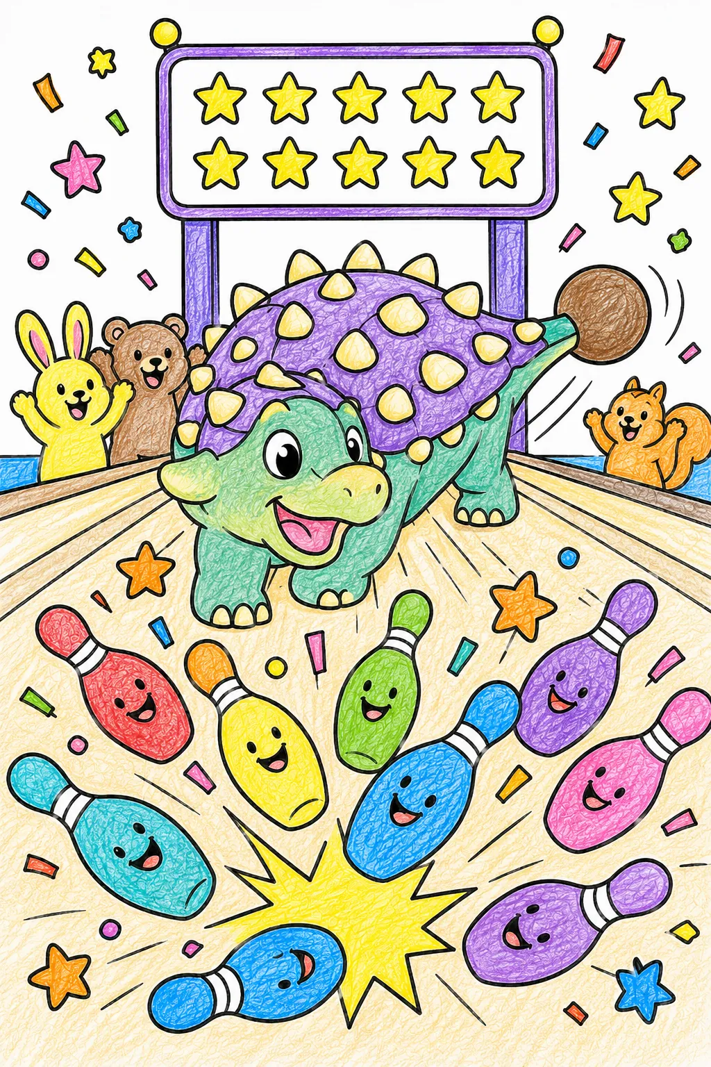 Der Ankylosaurus spielt Bowling