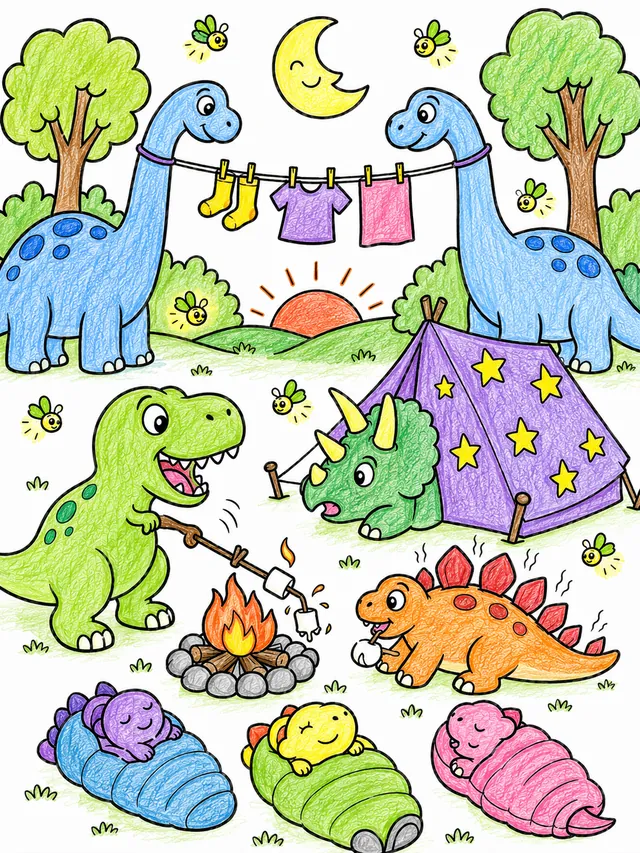 Die Dino-Familie beim Zelten – So könnte es aussehen