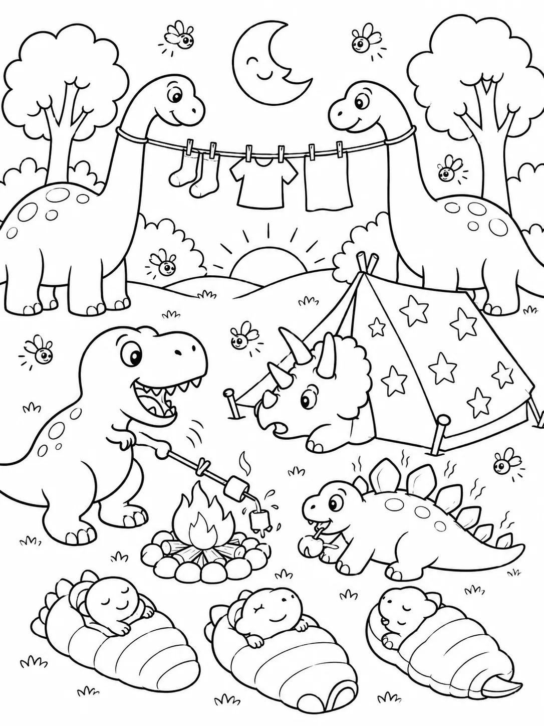 Dino-Familie beim lustigen Camping mit Zelt und Lagerfeuer