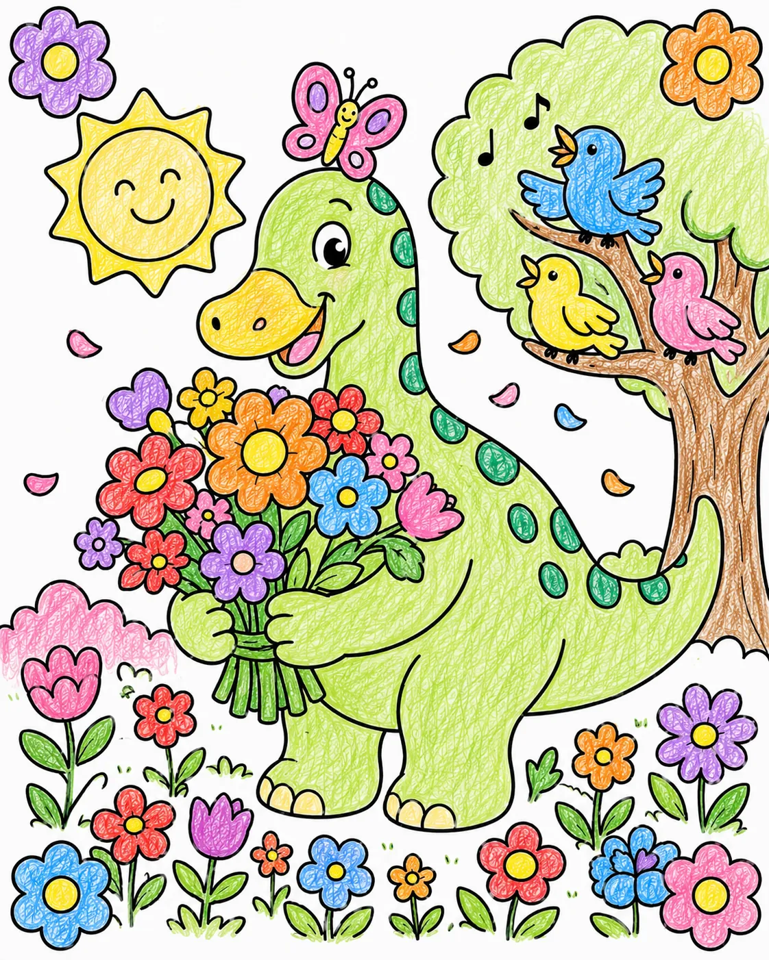 Der Edmontosaurus pflückt Regenbogenblumen