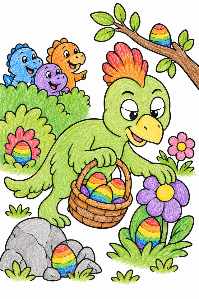 Der Oviraptor versteckt Regenbogen-Eier – So könnte es aussehen