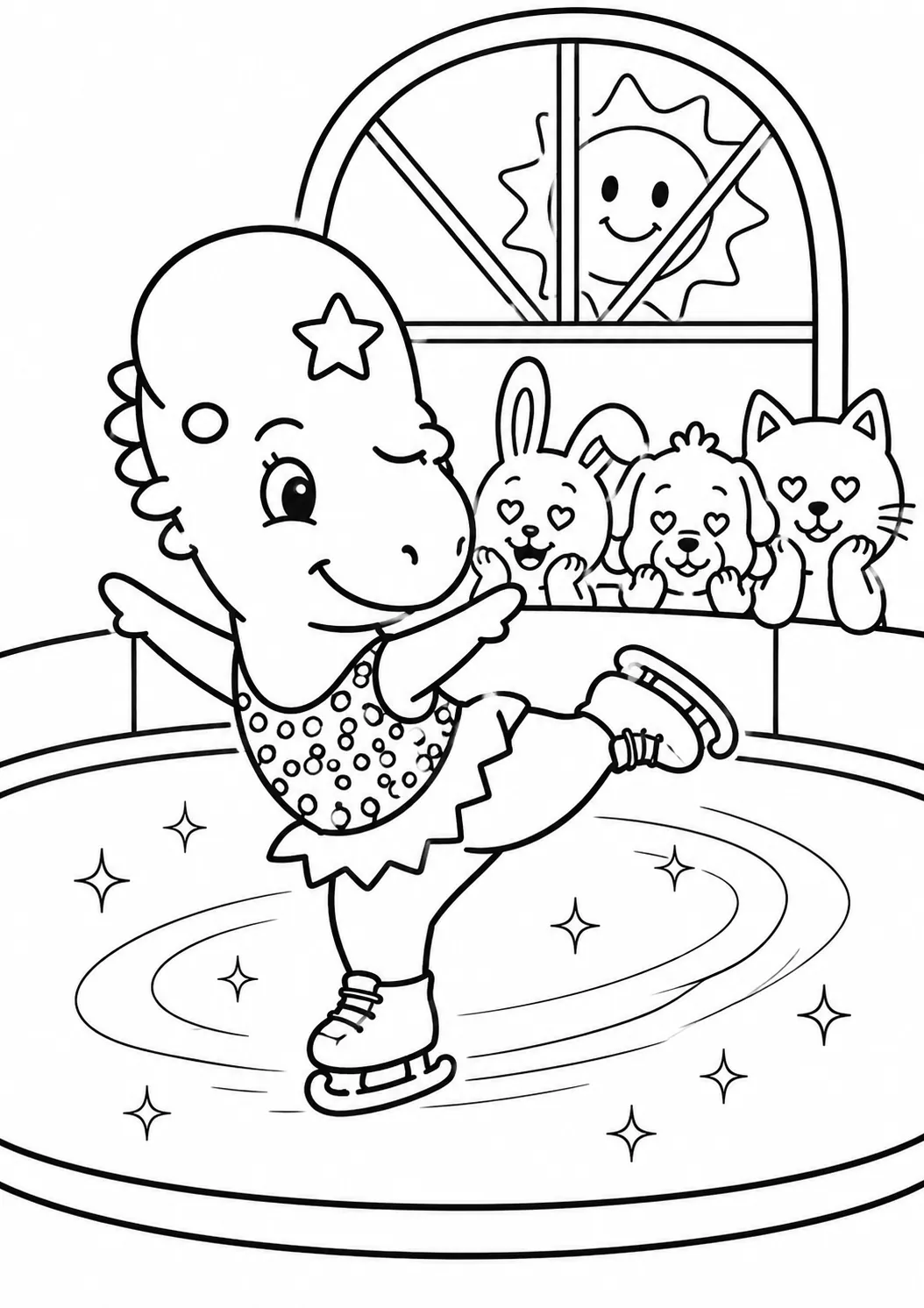 Round pachycephalosaurus ice skates elegantly with his dome-head