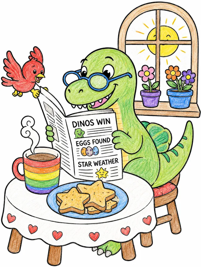Runder Velociraptor liest beim gemütlichen Frühstück eine Dino-Zeitung
