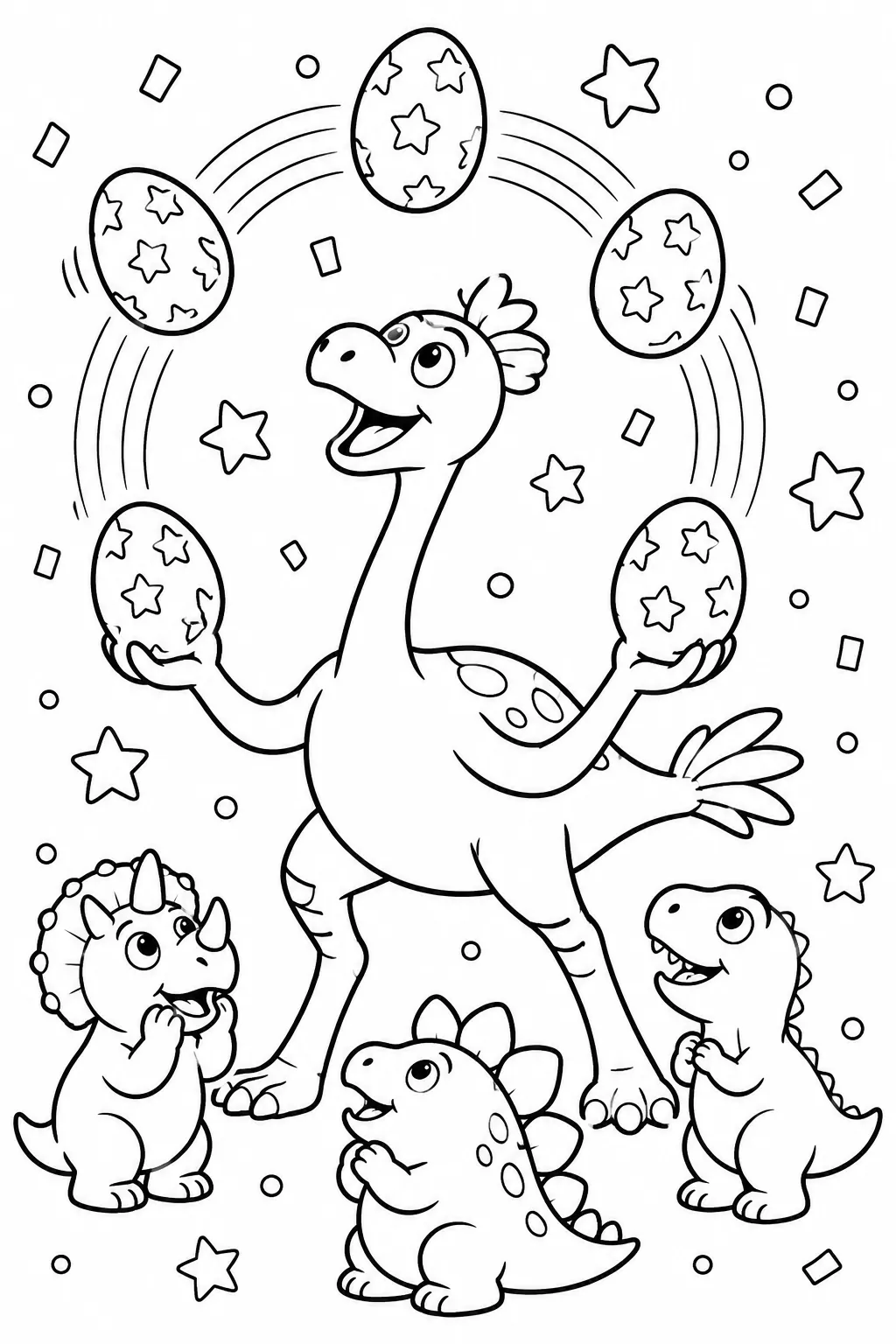 Runder Gallimimus jongliert bunte Sterneneier in der Luft