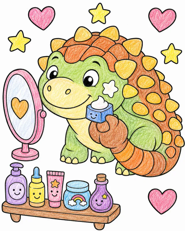 Runder Ankylosaurus trägt mit seinem Keulenschwanz Gesichtscreme auf