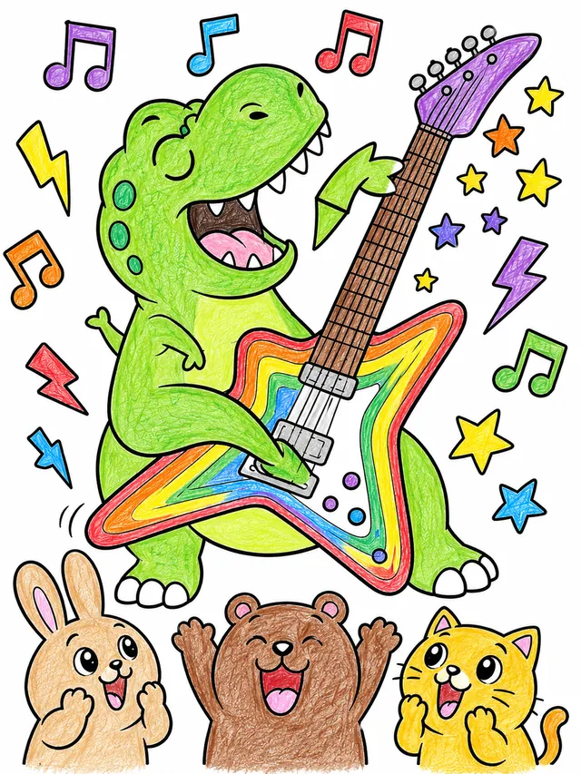 Runder T-Rex spielt leidenschaftlich Regenbogen-Gitarre