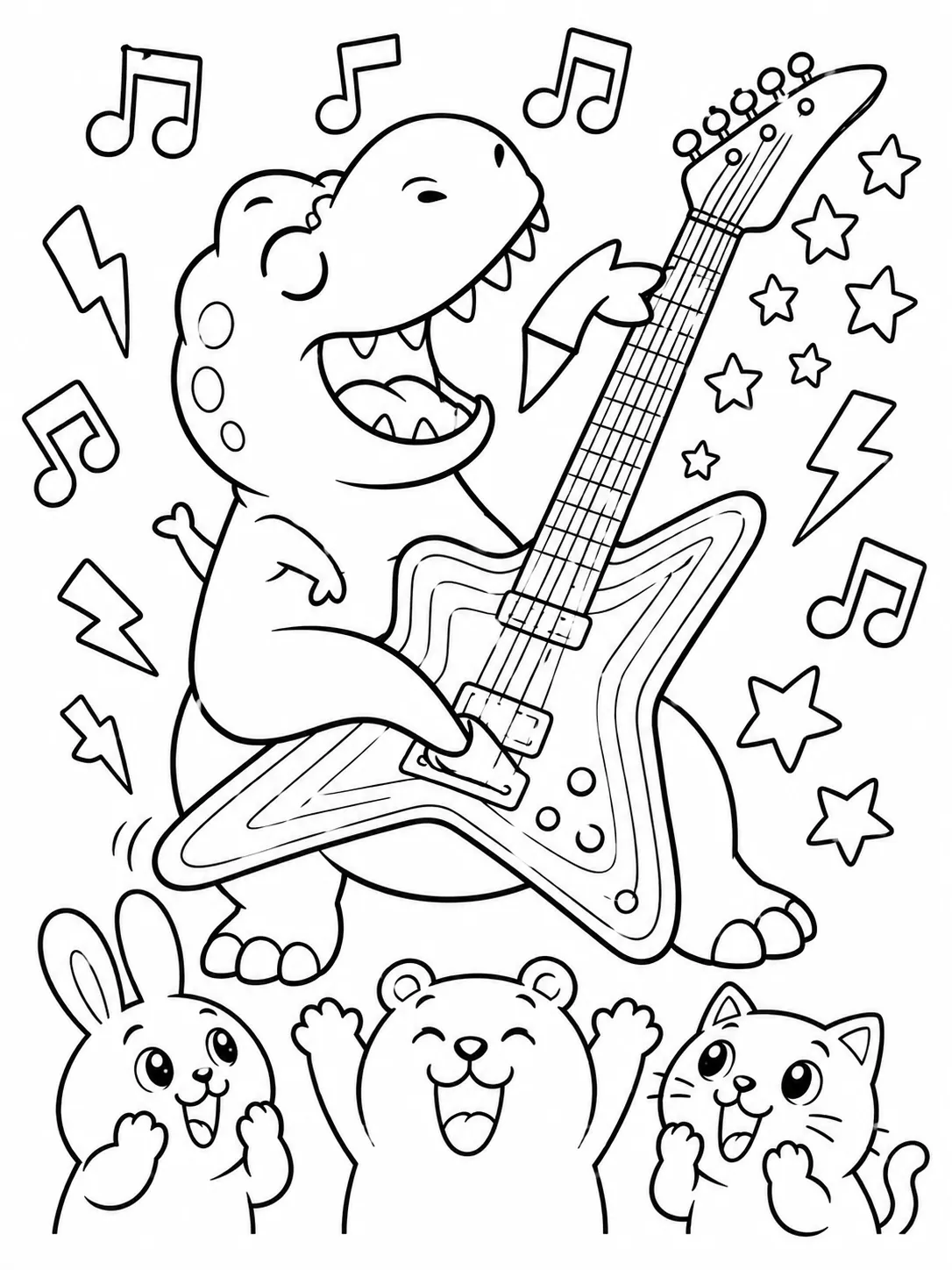 Runder T-Rex spielt leidenschaftlich Regenbogen-Gitarre