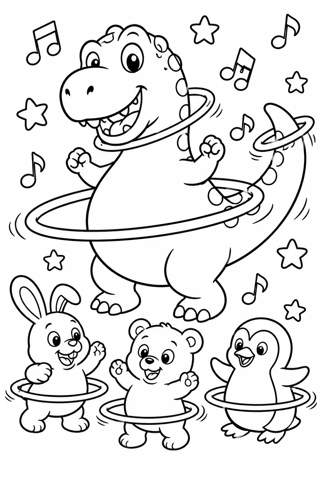 Runder Allosaurus macht Hula-Hoop mit einem bunten Regenbogenreifen
