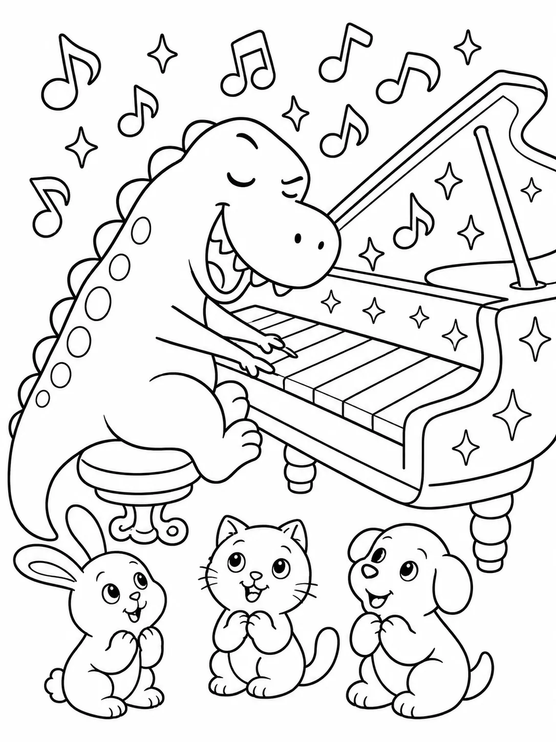 Runder T-Rex spielt leidenschaftlich Klavier mit weit ausgestreckten kleinen Armen