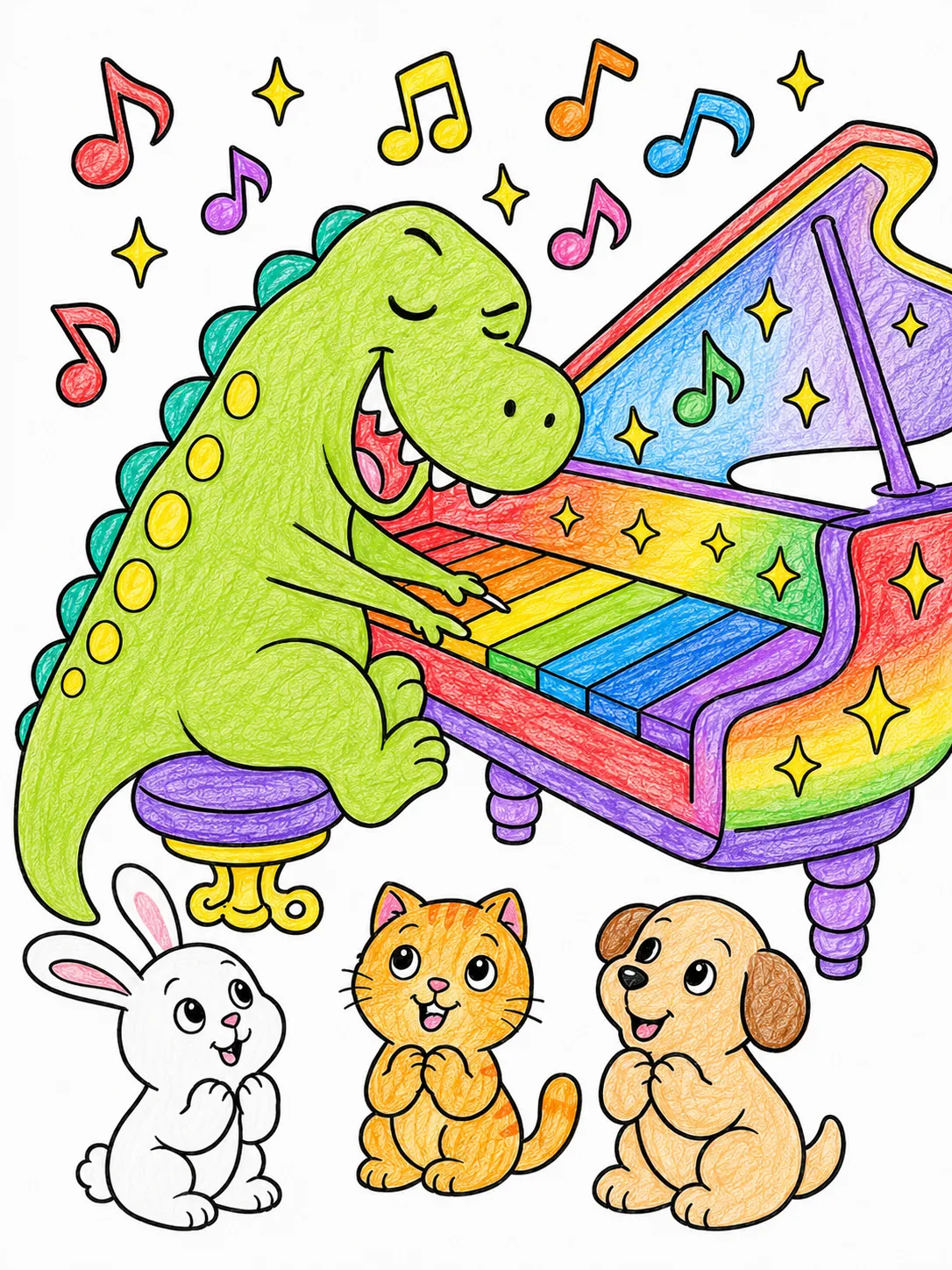 Der T-Rex spielt Regenbogen-Klavier