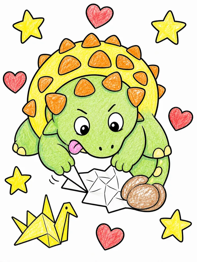 Runder Ankylosaurus versucht mit kurzen Beinen Origami zu falten