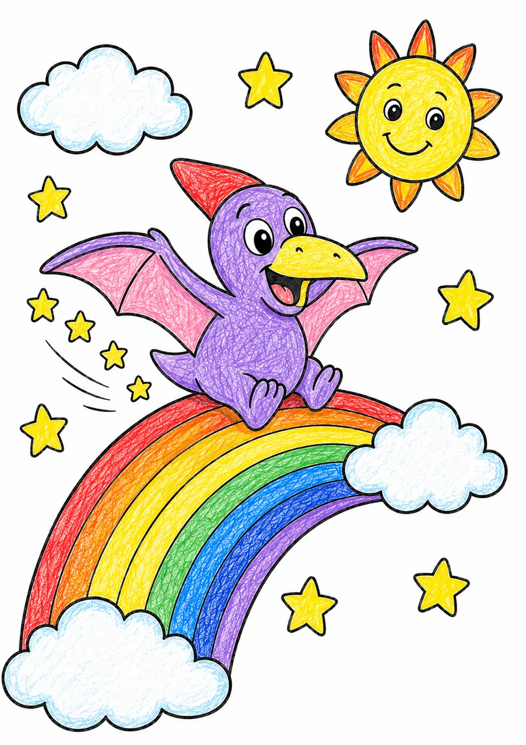 Der Pterodaktylus reitet auf dem Regenbogen