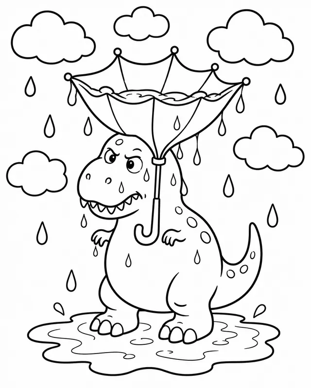 Der T-Rex kämpft mit dem Regenschirm im Sturm