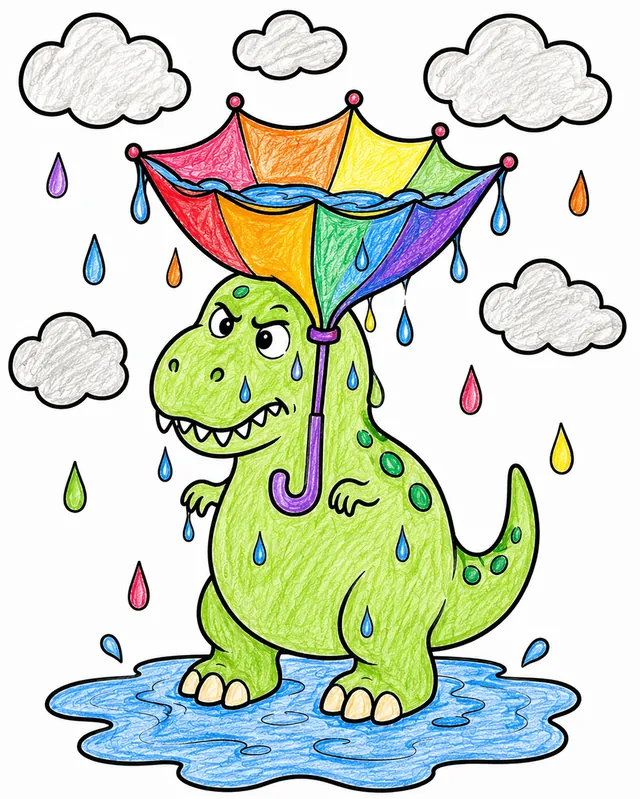 Nasser T-Rex kämpft mit einem umgestülpten Regenschirm im Sturm