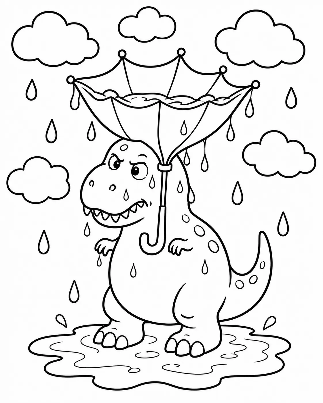 湿透的霸王龙在暴风雨中与翻转雨伞搏斗