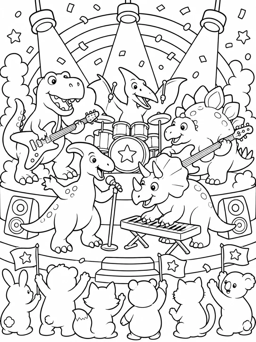 Dino-Rockband aus fünf verschiedenen Dinosaurierarten spielt auf einer Bühne