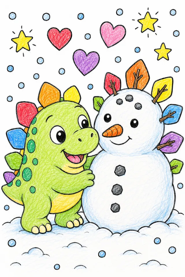 恐龙宝宝站在看起来像自己的雪人旁边