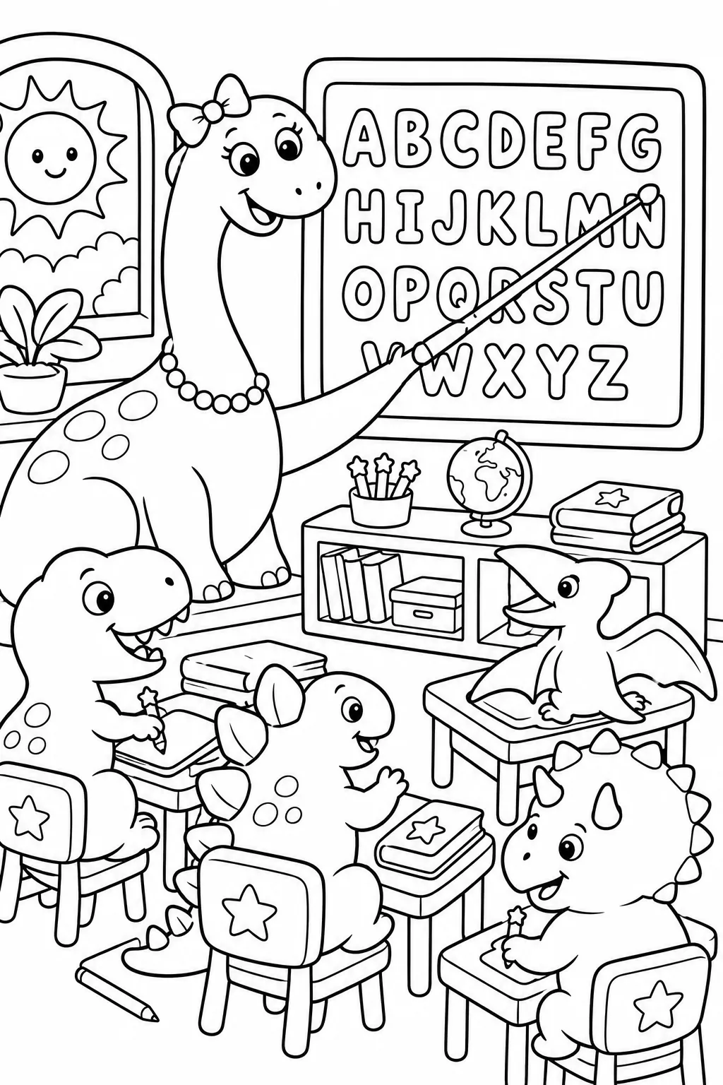 Baby-Dinosaurier verschiedener Arten lernen in einem bunten Klassenzimmer
