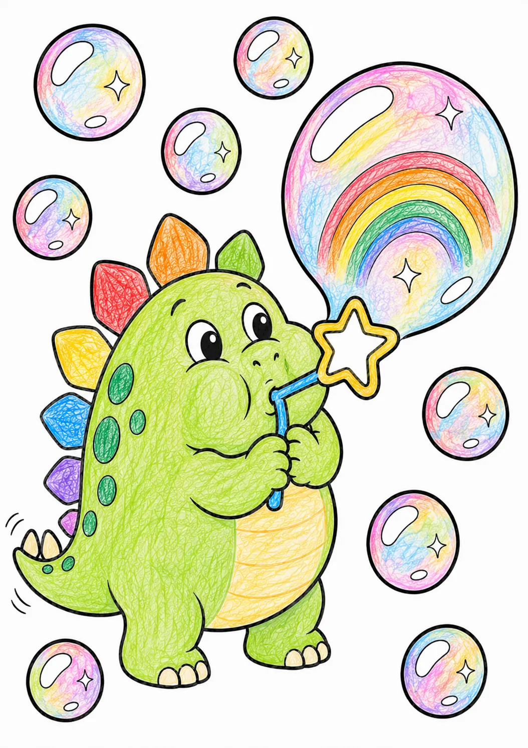 Der Stegosaurus bläst riesige Seifenblasen