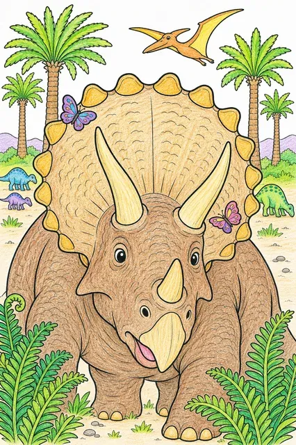 Triceratops-Portrait mit drei Hörnern und großem Knochenkragen in dramatischer Nahaufnahme