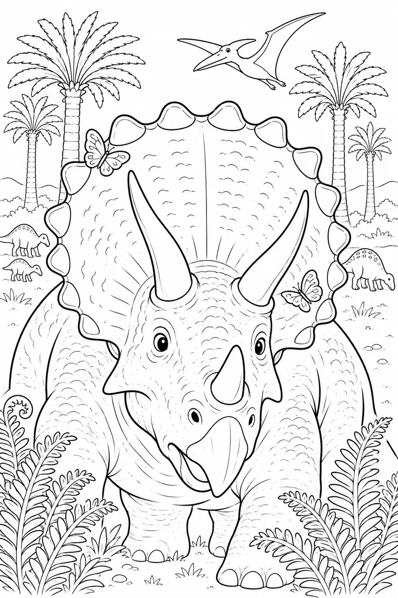 Triceratops portrait with three horns and large bone-frill in dramatic close-up