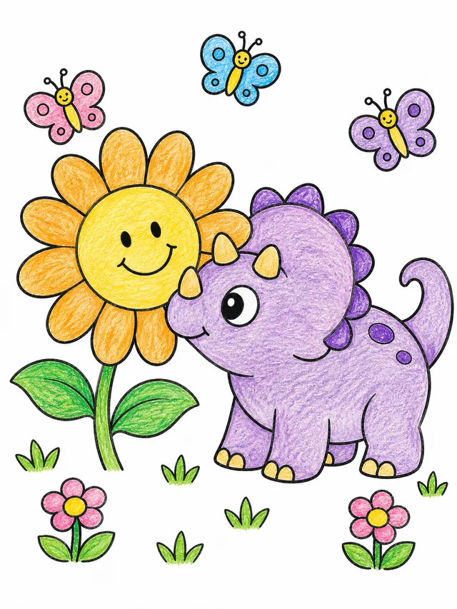 Baby triceratops sniffs a large sunflower