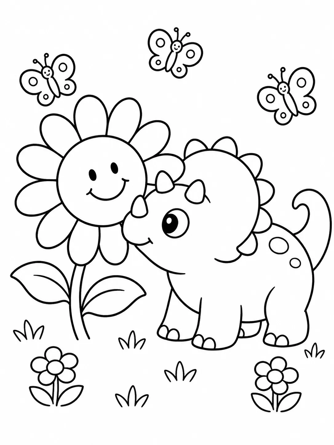 Baby-Triceratops schnuppert an einer großen Sonnenblume