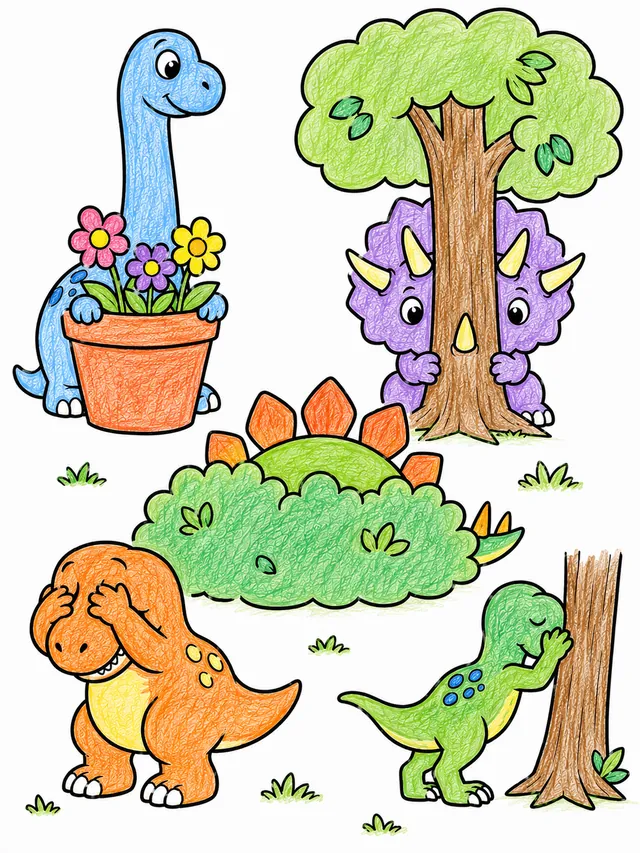 Baby-Dinosaurier spielen Verstecken mit schlecht getarnten Verstecken