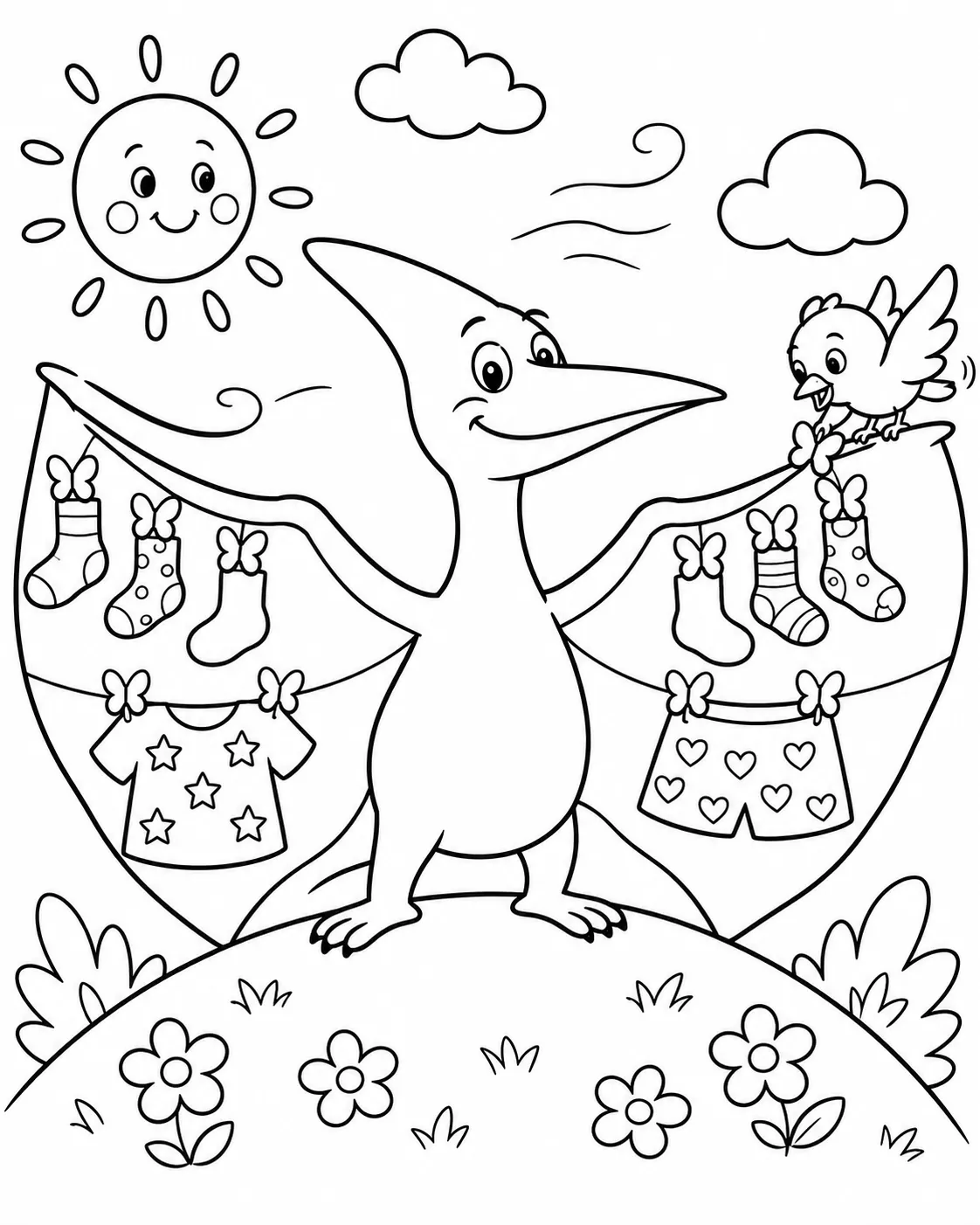 Pterodáctilo redondo extendiendo alas como tendedero con ropa colgada