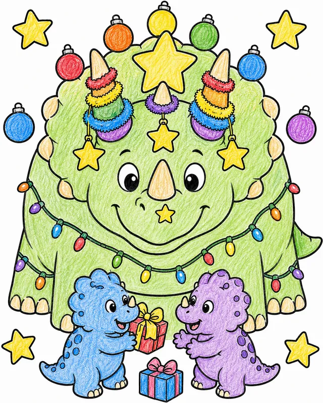 Runder Triceratops ist als Weihnachtsbaum mit Lametta und Kugeln geschmückt