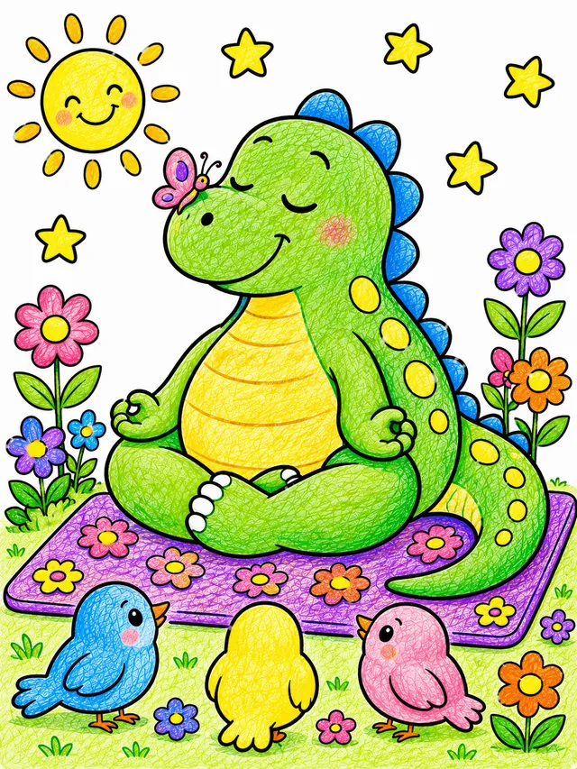 Runder Iguanodon macht Yoga auf einer Blumen-Yogamatte im Garten