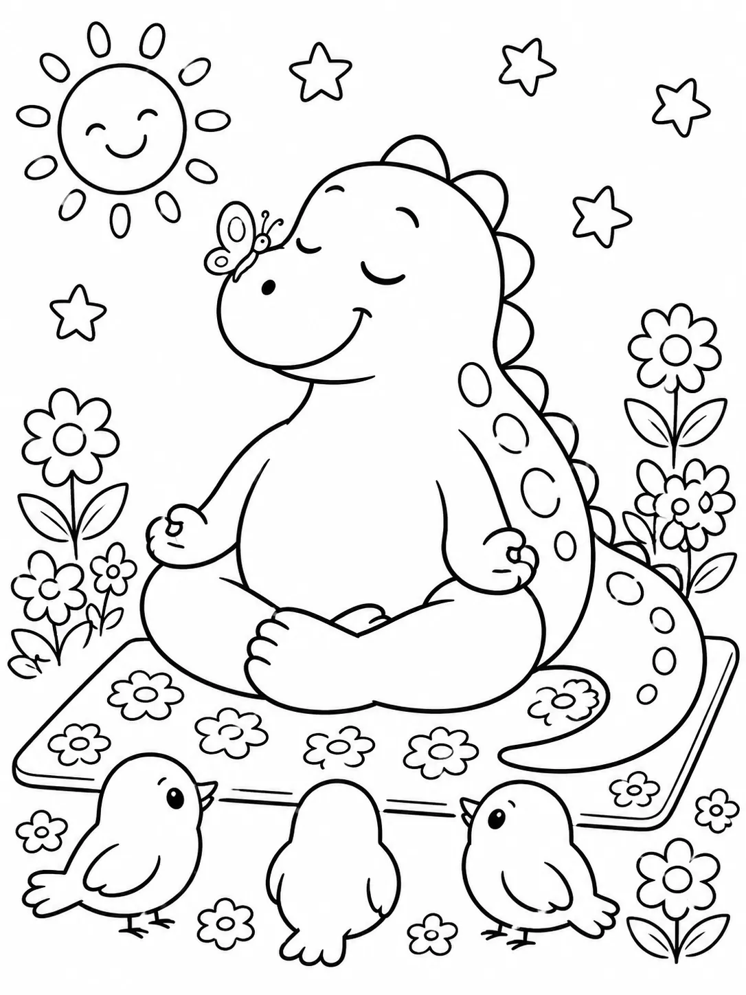 圆圆禽龙在花园花朵瑜伽垫上做瑜伽