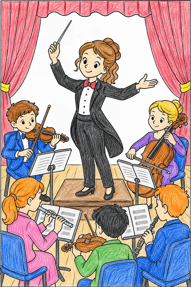 Ausmalbild: Dirigentin hebt Taktstock schwungvoll auf Podium vor Orchestermusikern