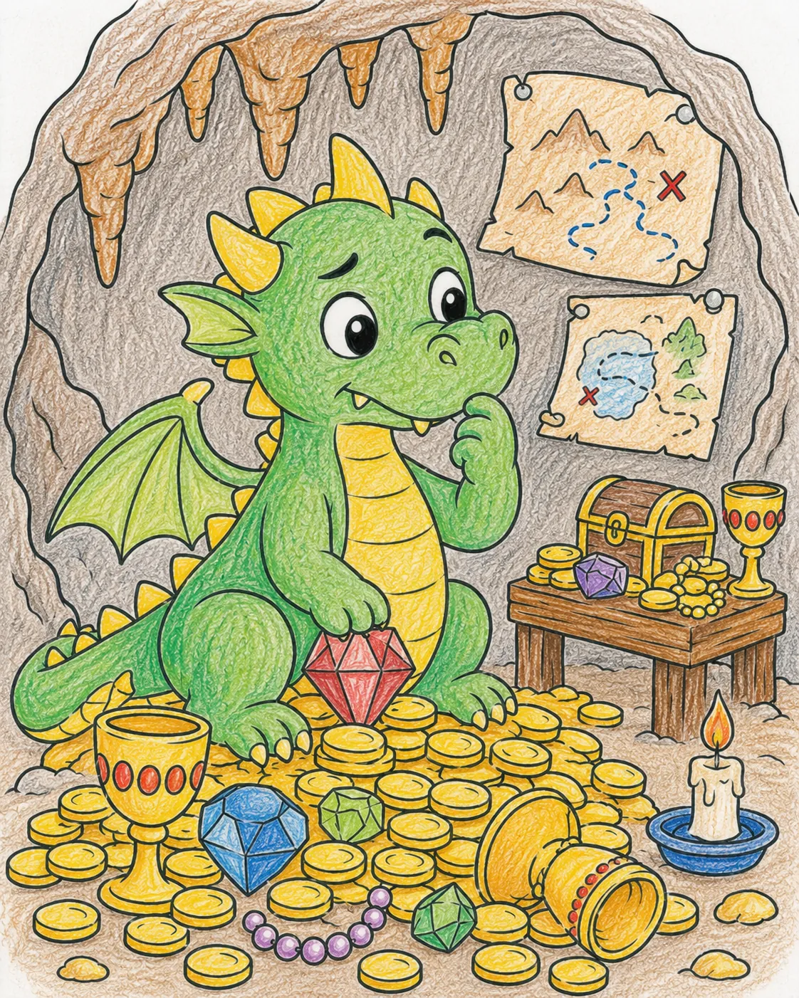 Der kleine Drache bewacht seinen ersten Schatz in der Berghöhle