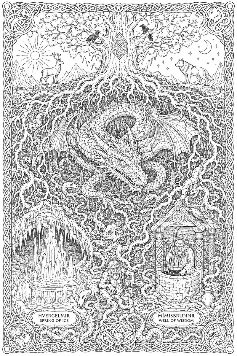 Ausmalbild: Drache Níðhöggr im detaillierten Unterreich Niflheim unter den Wurzeln von Yggdrasil