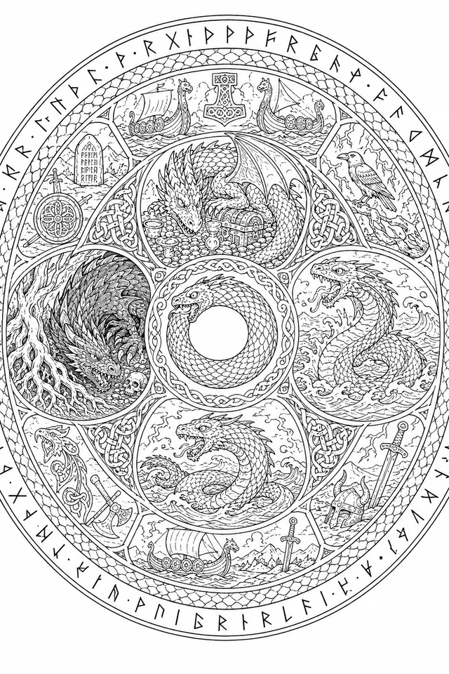 Nordisches Drachen-Mandala: Jörmungandr, Fáfnir und Níðhöggr im Runenkreis