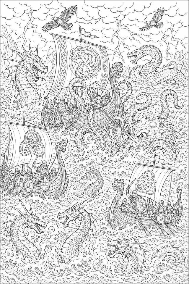 Drachen der Nordsee: Ein Wikinger-Panorama mit Seedrachen und Sturmwellen