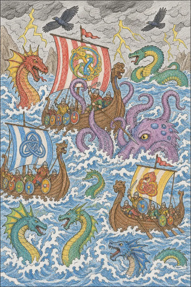 Ausmalbild: Wikinger-Longschiffe im Sturm der Nordsee, umgeben von auftauchenden Meeresdrachen